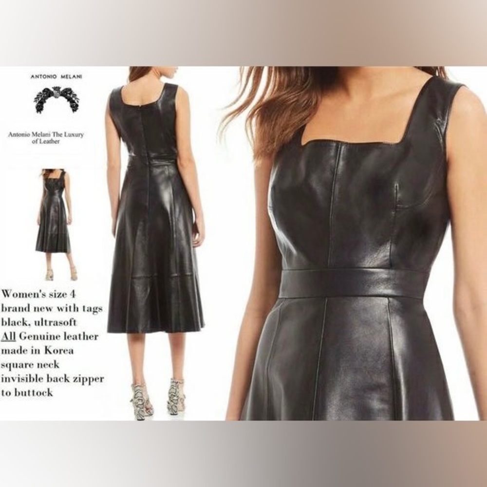 Antonio Melani Black Leather MIDI Dress